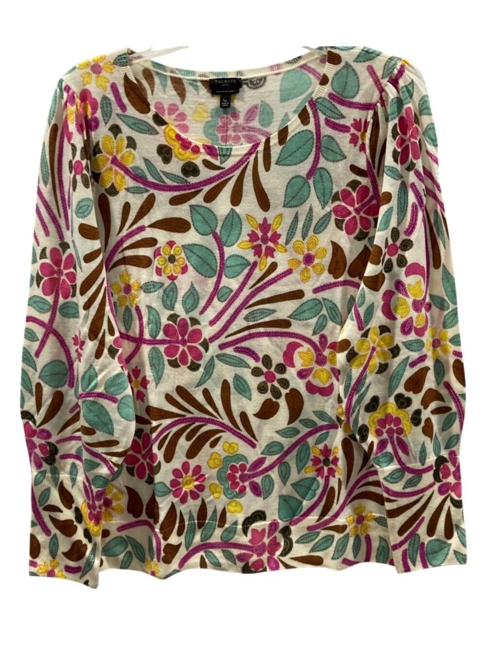 Talbots Puff Sleeve Merino Wool Pullover PL Floral Stitch Print Layer Romantic